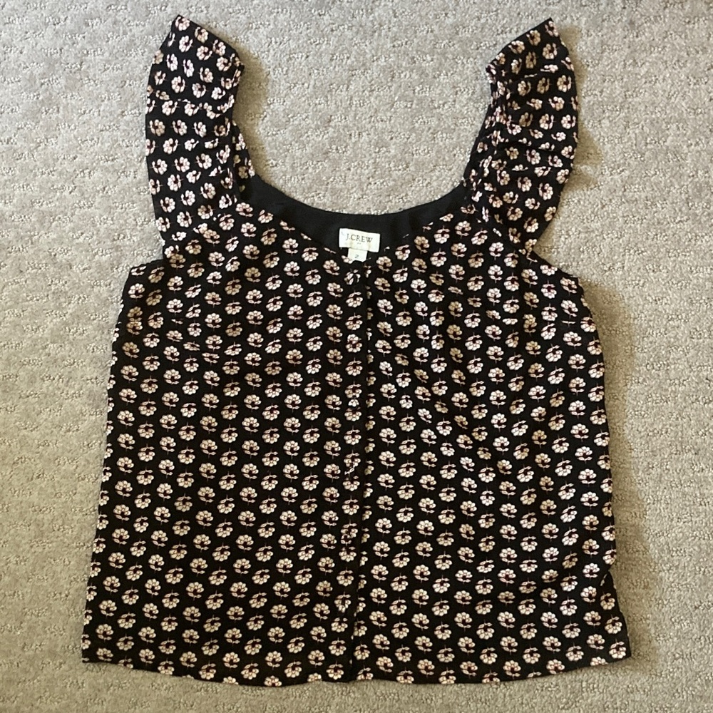 J. Crew black floral button-up ruffle blouse, Sz 2.